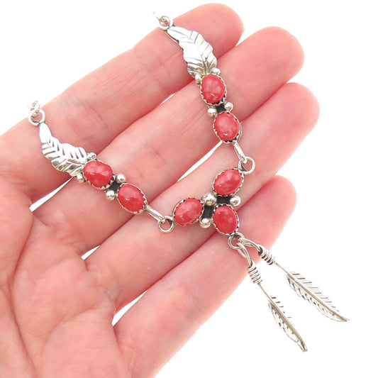 Old Pawn Sterling Silver Vintage Southwestern Coral Feather Chain Necklace 18"