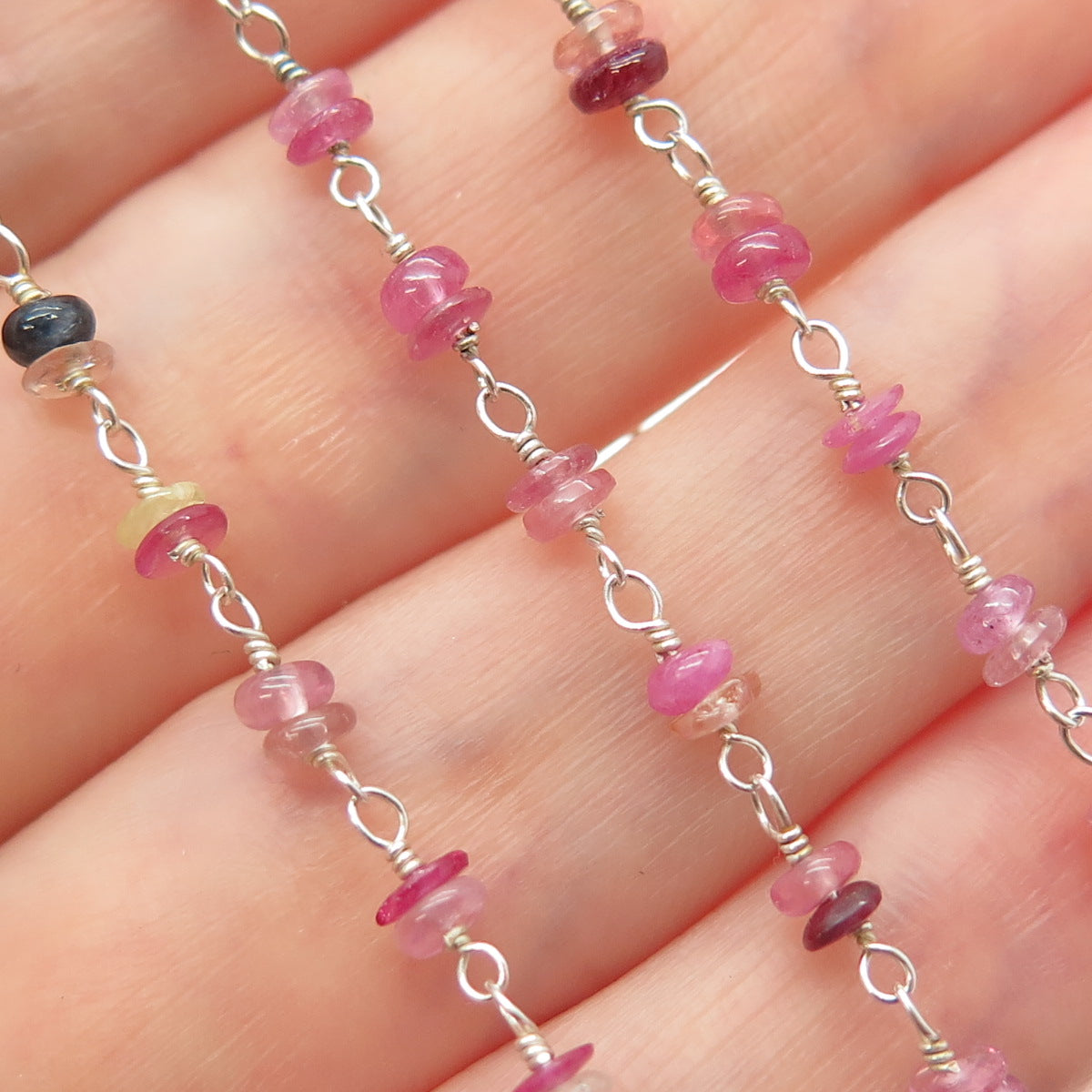 925 Sterling Silver Vintage Real Sapphire & Ruby Beads Long Chain Necklace 44"