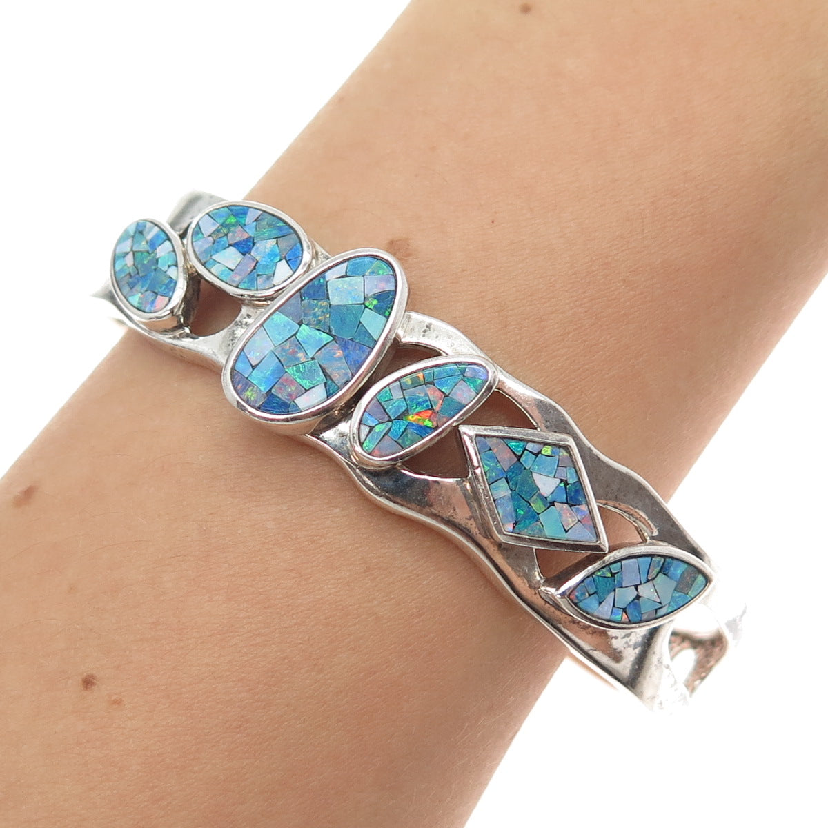 WHITNEY KELLY 925 Sterling Silver Vintage Real Opal Inlay Adjustable Bracelet 7"