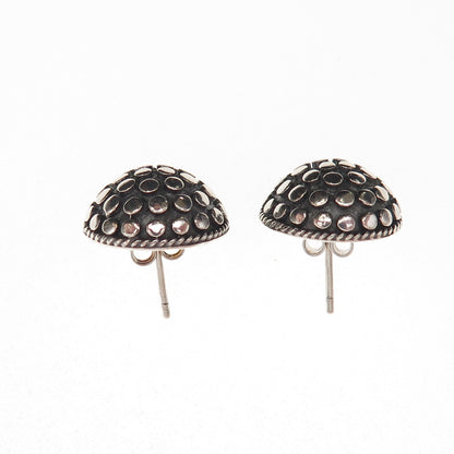 925 Sterling Silver Vintage Modernist Dotted Dome Oxidized Stud Earrings