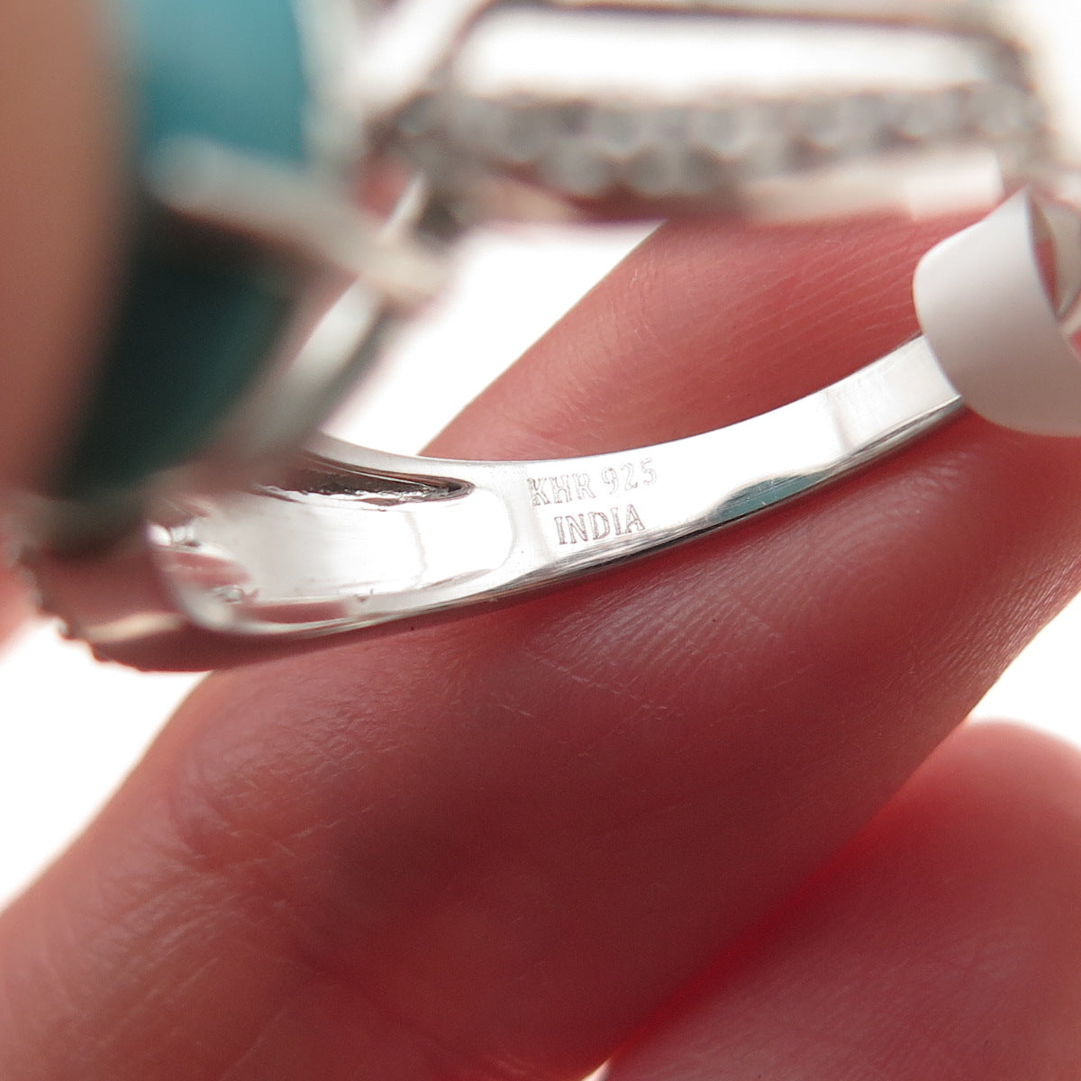 925 Sterling Silver Real Sleeping Beauty Turquoise & White Topaz Ring Size 8.25
