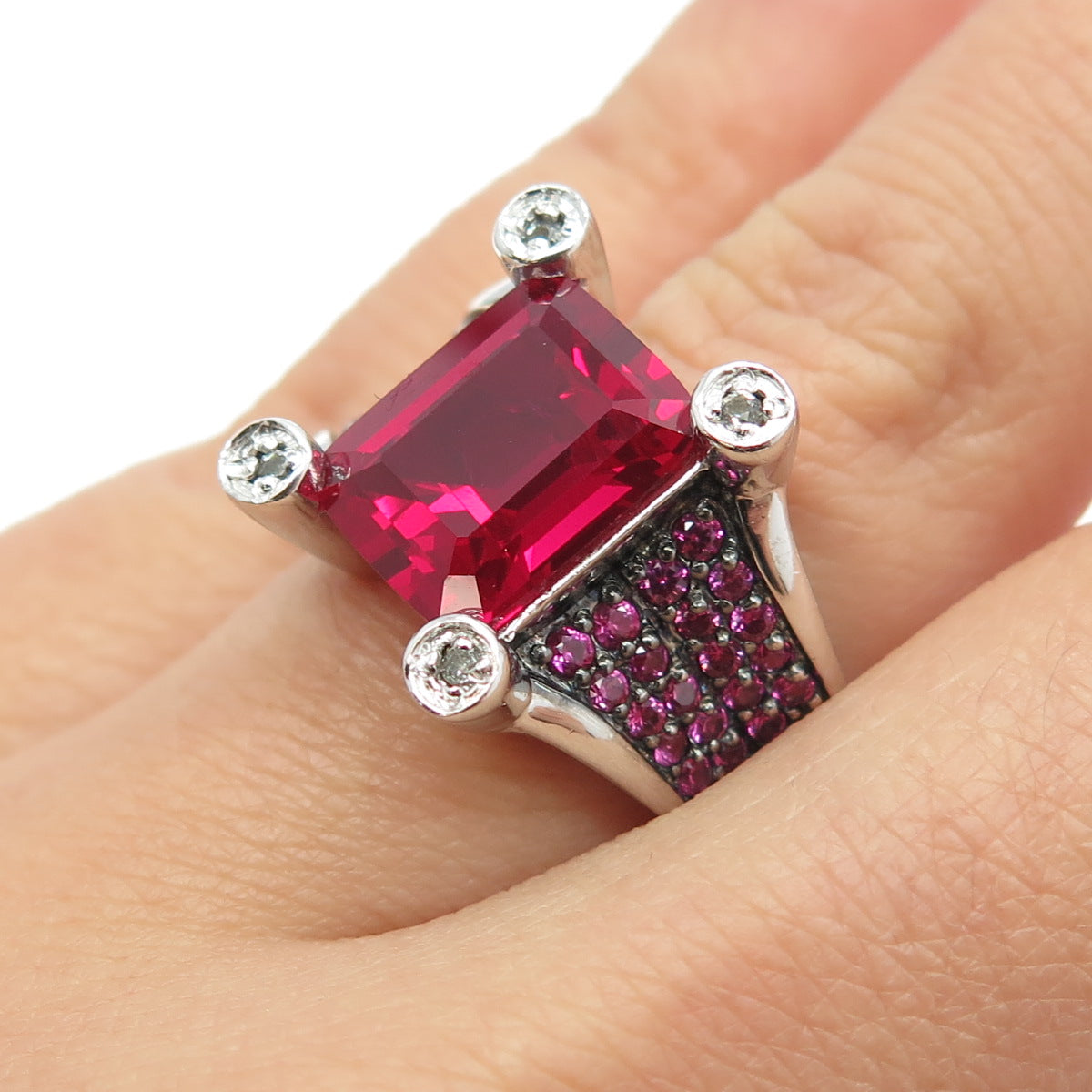 925 Sterling Silver Lab-Created Ruby Pink Sapphire & Moissanite Ring Size 6