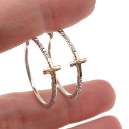 Sun 925 Sterling Silver 10K Gold Real Round-Cut Diamond Cross Hoop Earrings