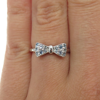 925 Sterling Silver Round-Cut Blue C Z Bow Ring Size 5.75