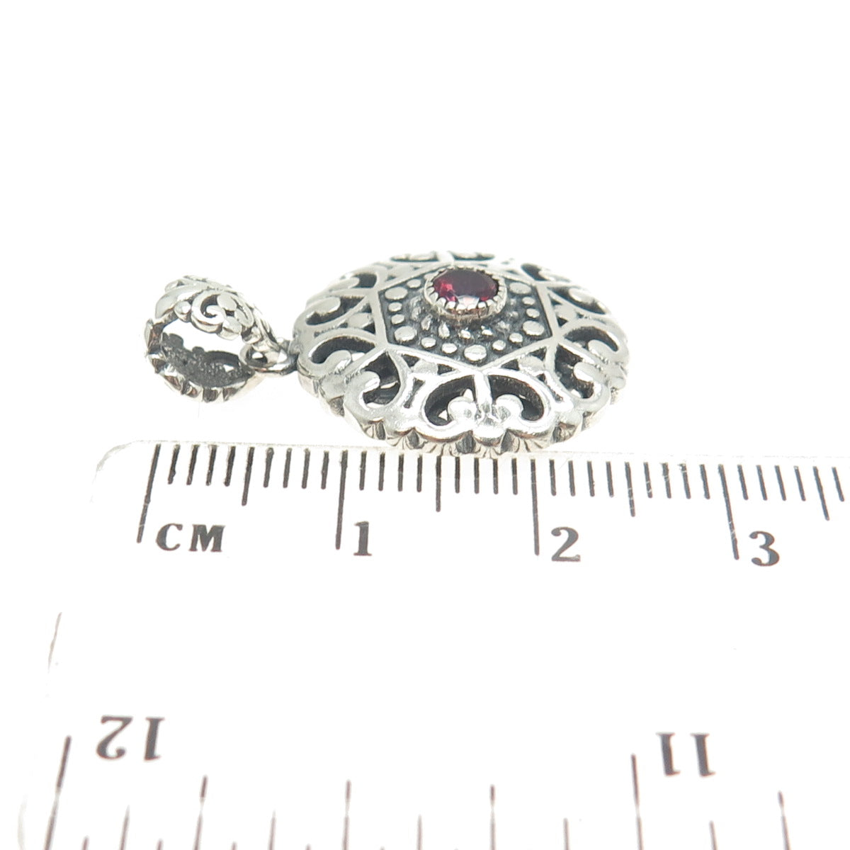 BERIA 925 Sterling Silver Round-Cut Red Rhinestone Ornate Pendant