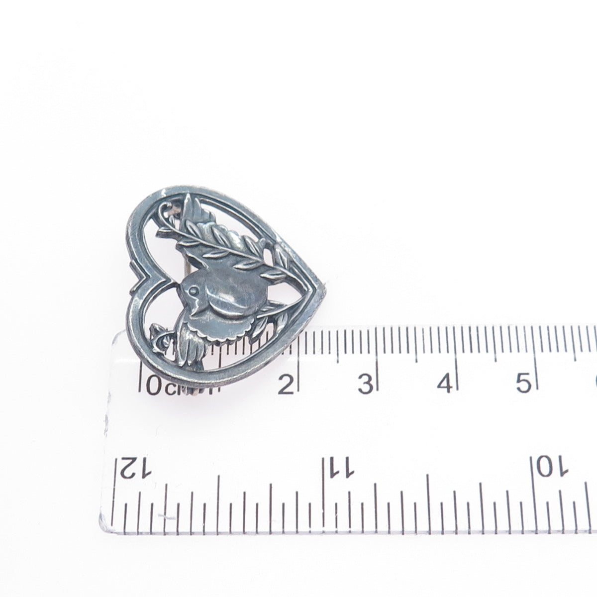 CORO 925 Sterling Silver Antique Art Deco Dove Bird Heart Oxidized Pin Brooch