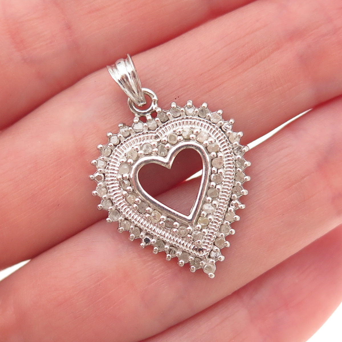 925 Sterling Silver Real Round-Cut Diamond Heart Charm Pendant