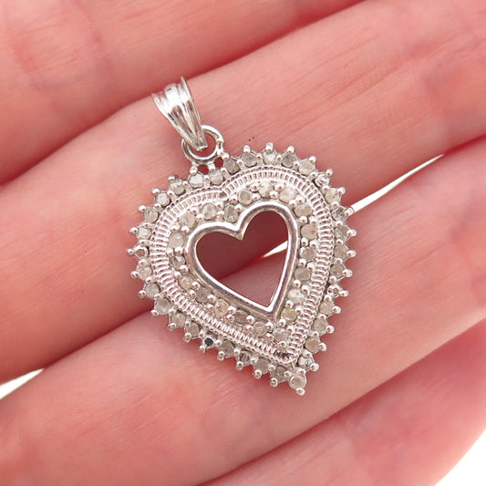 925 Sterling Silver Real Round-Cut Diamond Heart Charm Pendant