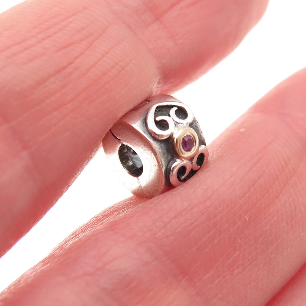 PANDORA 925 Sterling Silver & Gold Real Ruby Double Heart Clip Charm