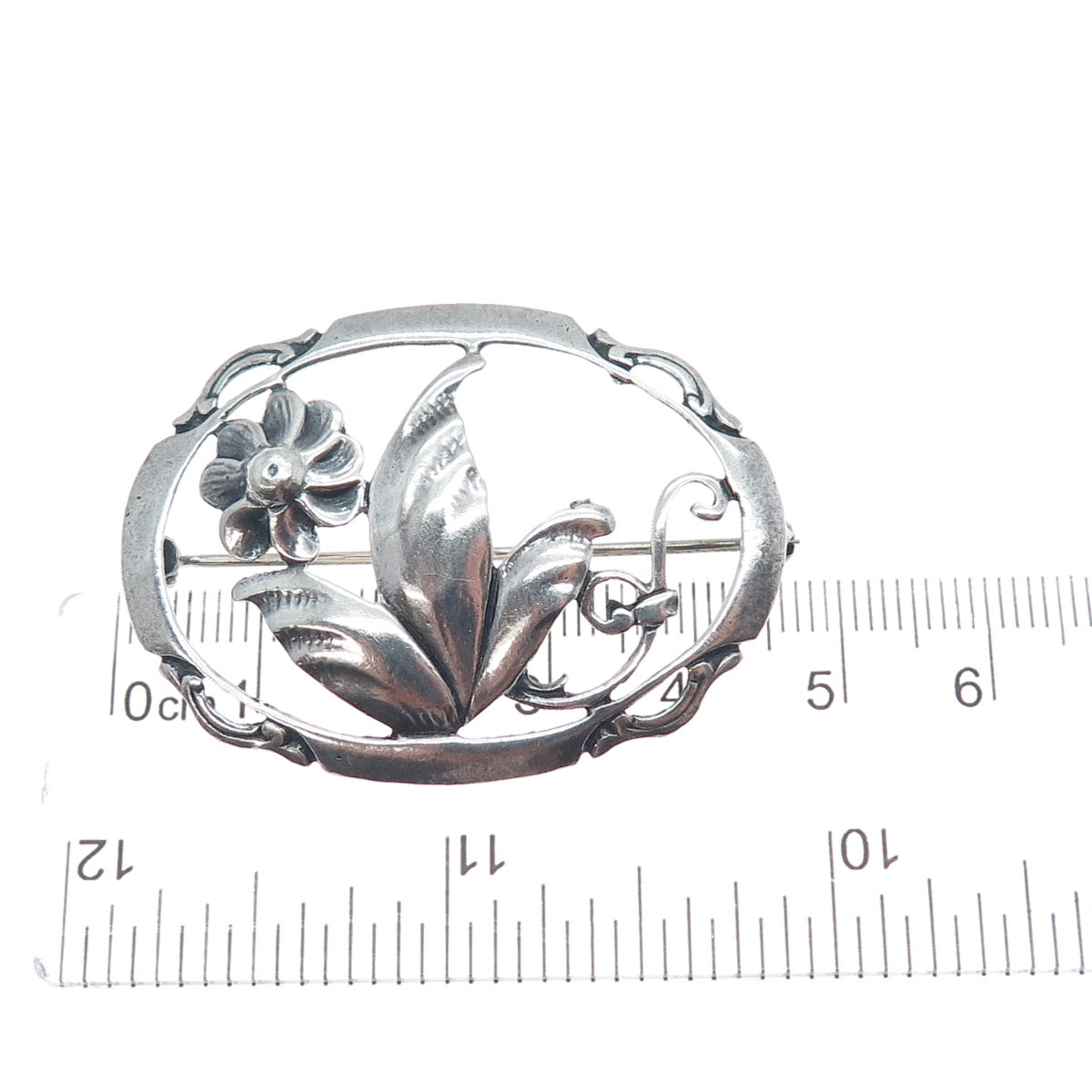 925 Sterling Silver Antique Art Deco Flower Oxidized Pin Brooch