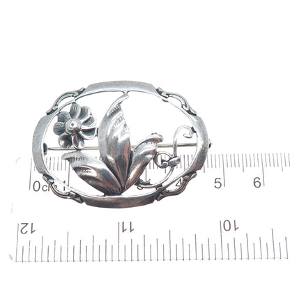 925 Sterling Silver Antique Art Deco Flower Oxidized Pin Brooch