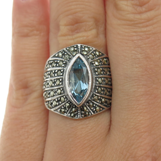 CHAPAL ZENRAY 925 Sterling Silver Vintage Blue Topaz & Marcasite Ring Size 6.75