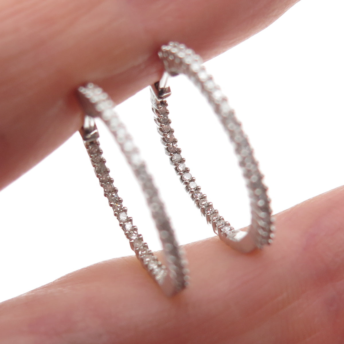 925 Sterling Silver Real Round-Cut Diamond In & Out Hoop Earrings