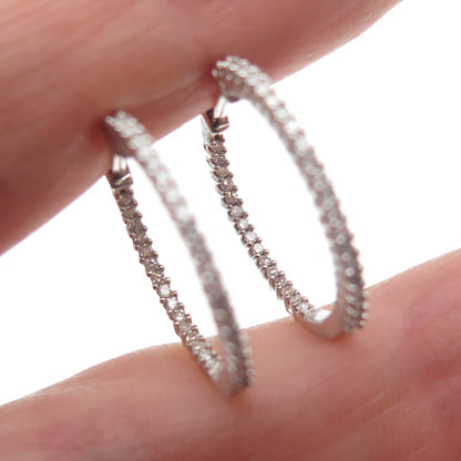 925 Sterling Silver Real Round-Cut Diamond In & Out Hoop Earrings