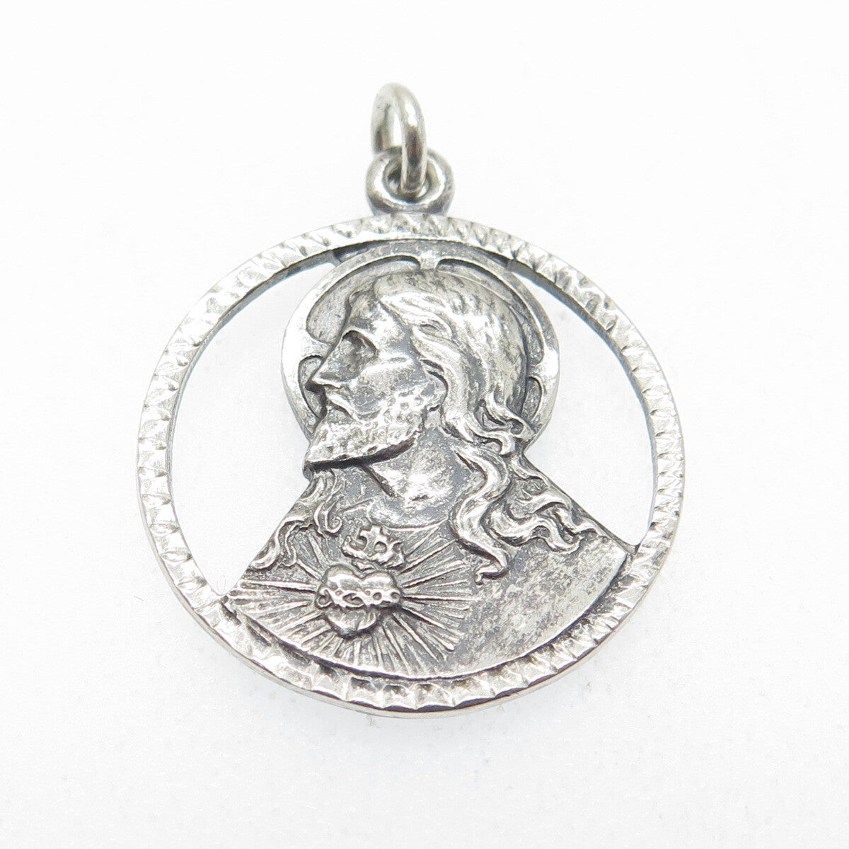 925 Sterling Silver Antique Art Deco Jesus Sacred Heart & St. Mary Charm Pendant