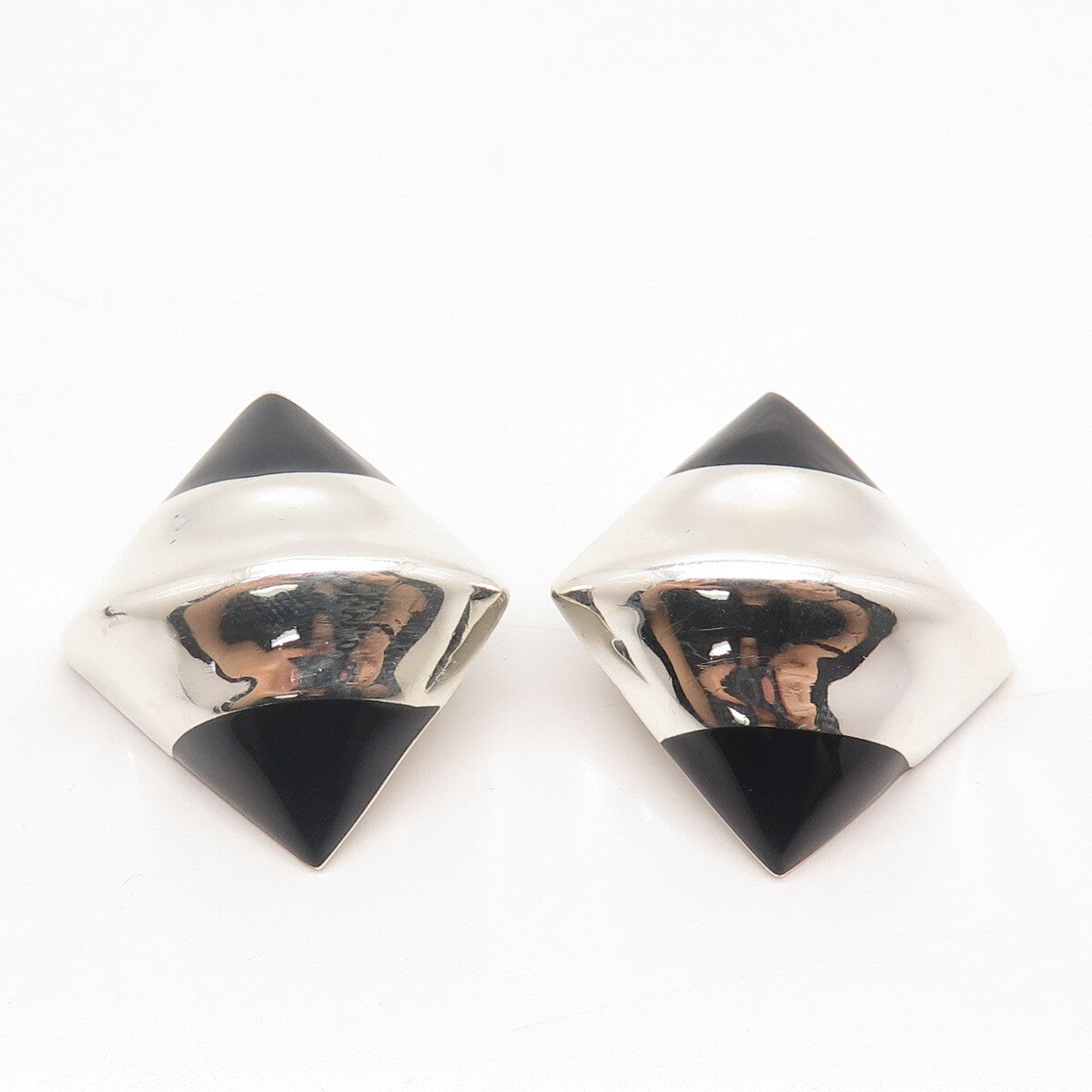 925 Sterling Silver Vintage Real Black Onyx Gem Clip On Earrings