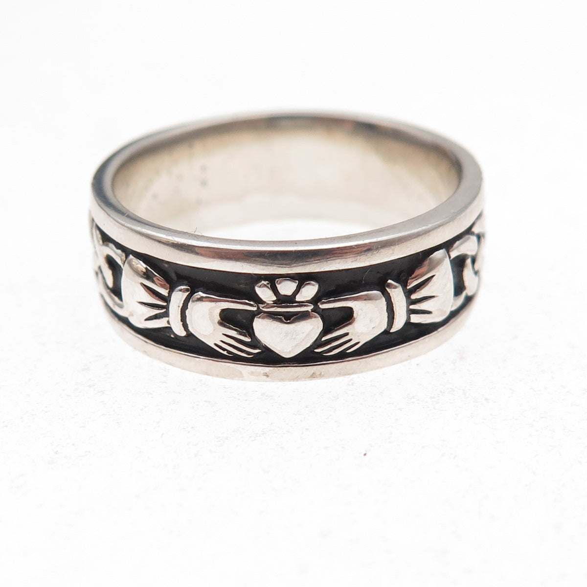 Solvar 925 Sterling Silver Vintage Irish Claddagh Oxidized Band Ring Size 9.25