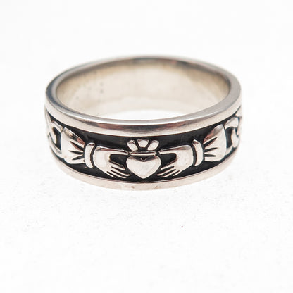 Solvar 925 Sterling Silver Vintage Irish Claddagh Oxidized Band Ring Size 9.25