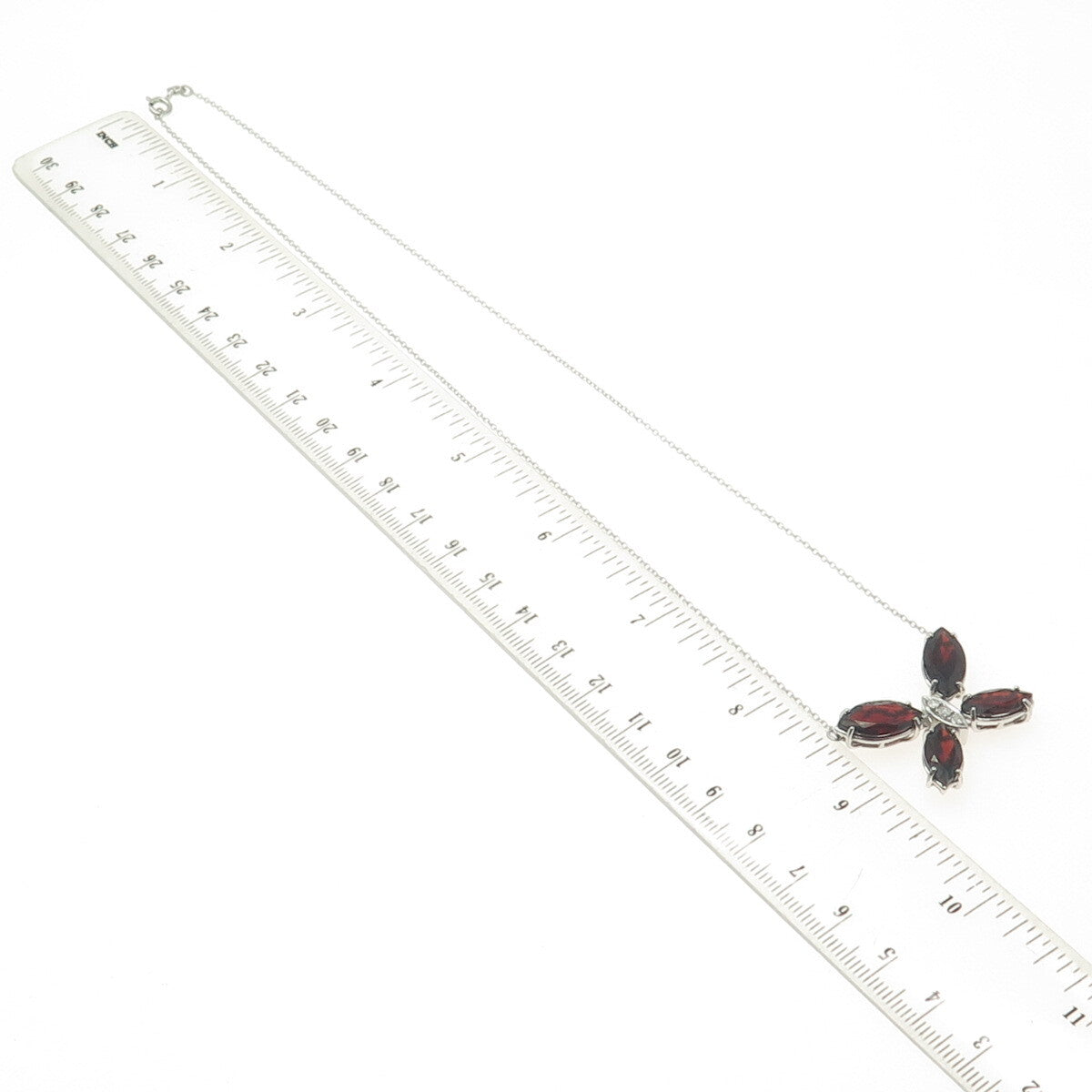 925 Sterling Silver Italy Real Diamond & Red Garnet Gem Butterfly Necklace 18"