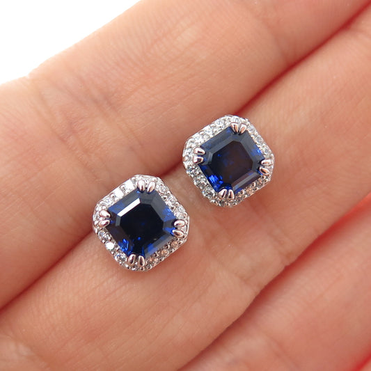 925 Sterling Silver Lab-Created Sapphire & C Z Stud Earrings