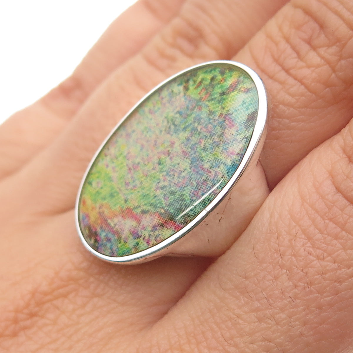 925 Sterling Silver Enamel Pressed-Painted Oval Statement Ring Size 8.5