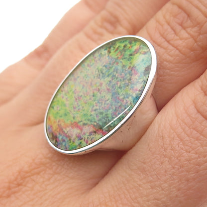 925 Sterling Silver Enamel Pressed-Painted Oval Statement Ring Size 8.5