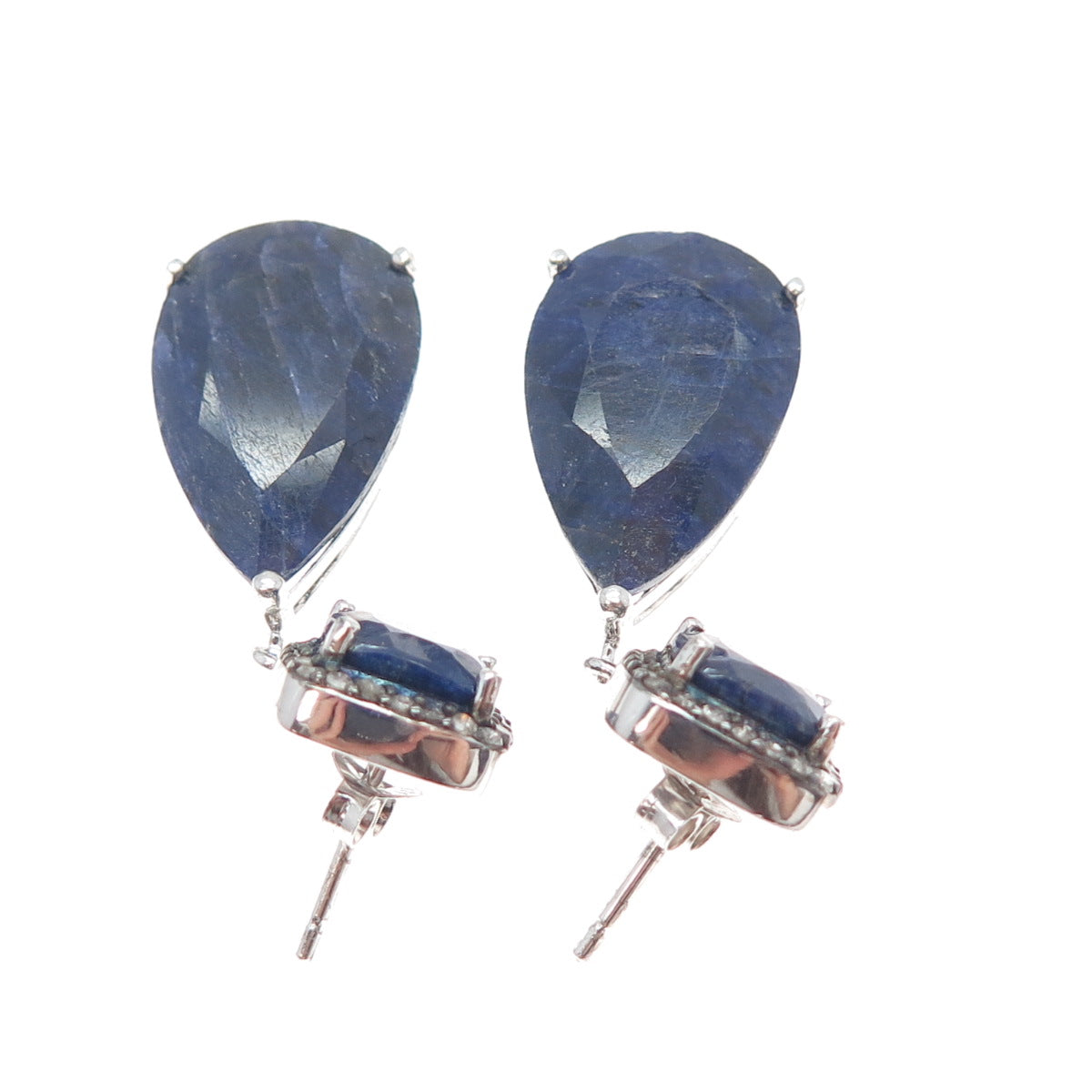 925 Sterling Silver Real Diamond & Sapphire Dangle Earrings