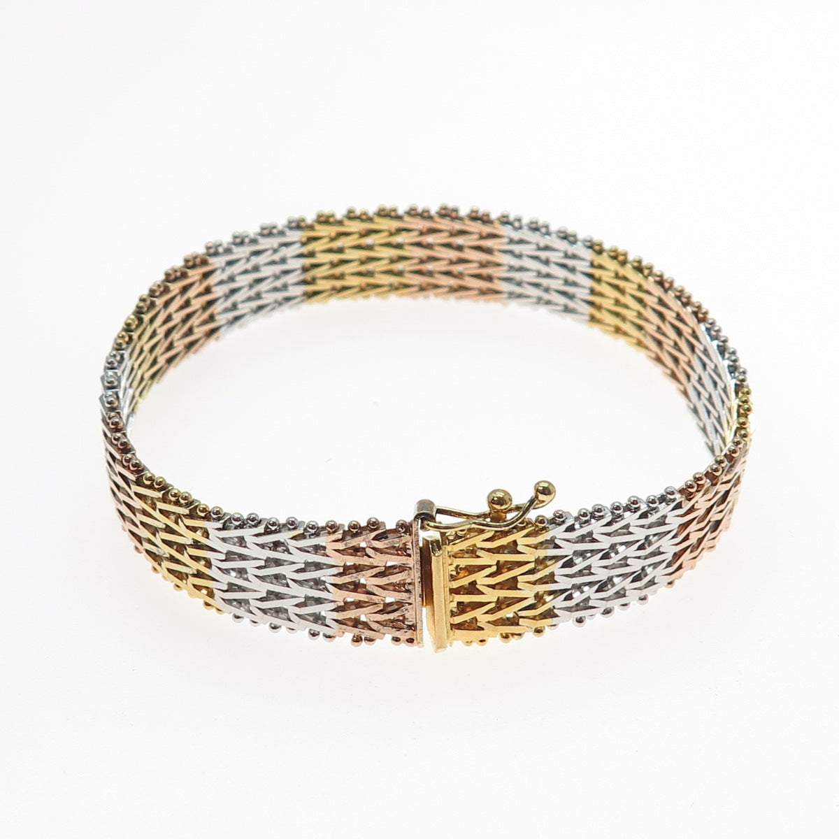 925 Sterling Silver 3-Tone Vintage Italy Chevron Mesh Link Bracelet 7.5"