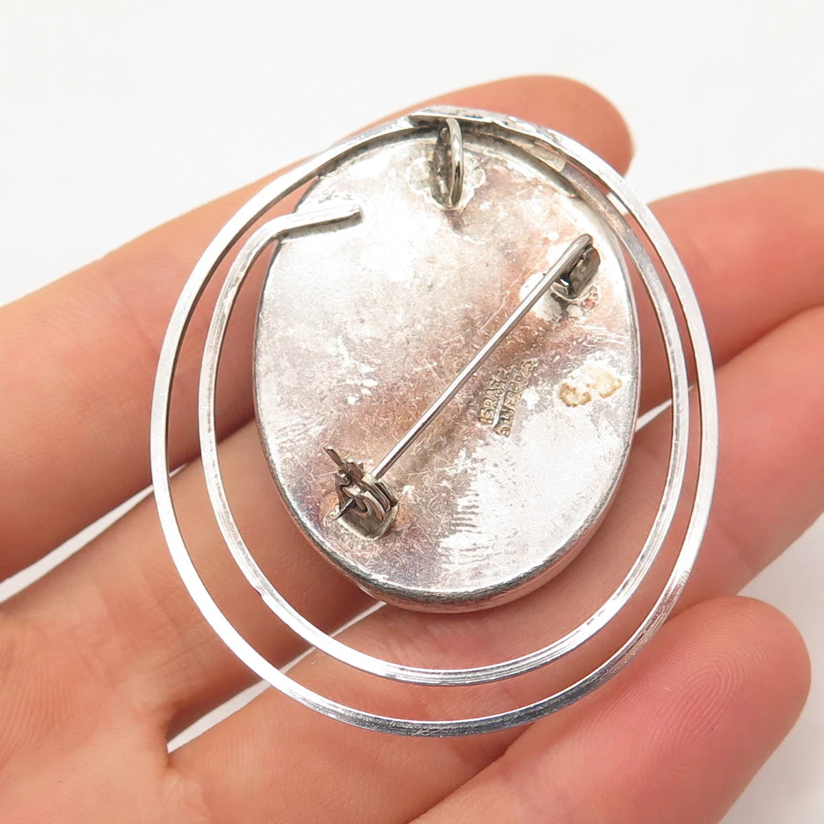 925 Sterling Silver Vintage Israel Real Red Agate Gemstone Pin Brooch / Pendant