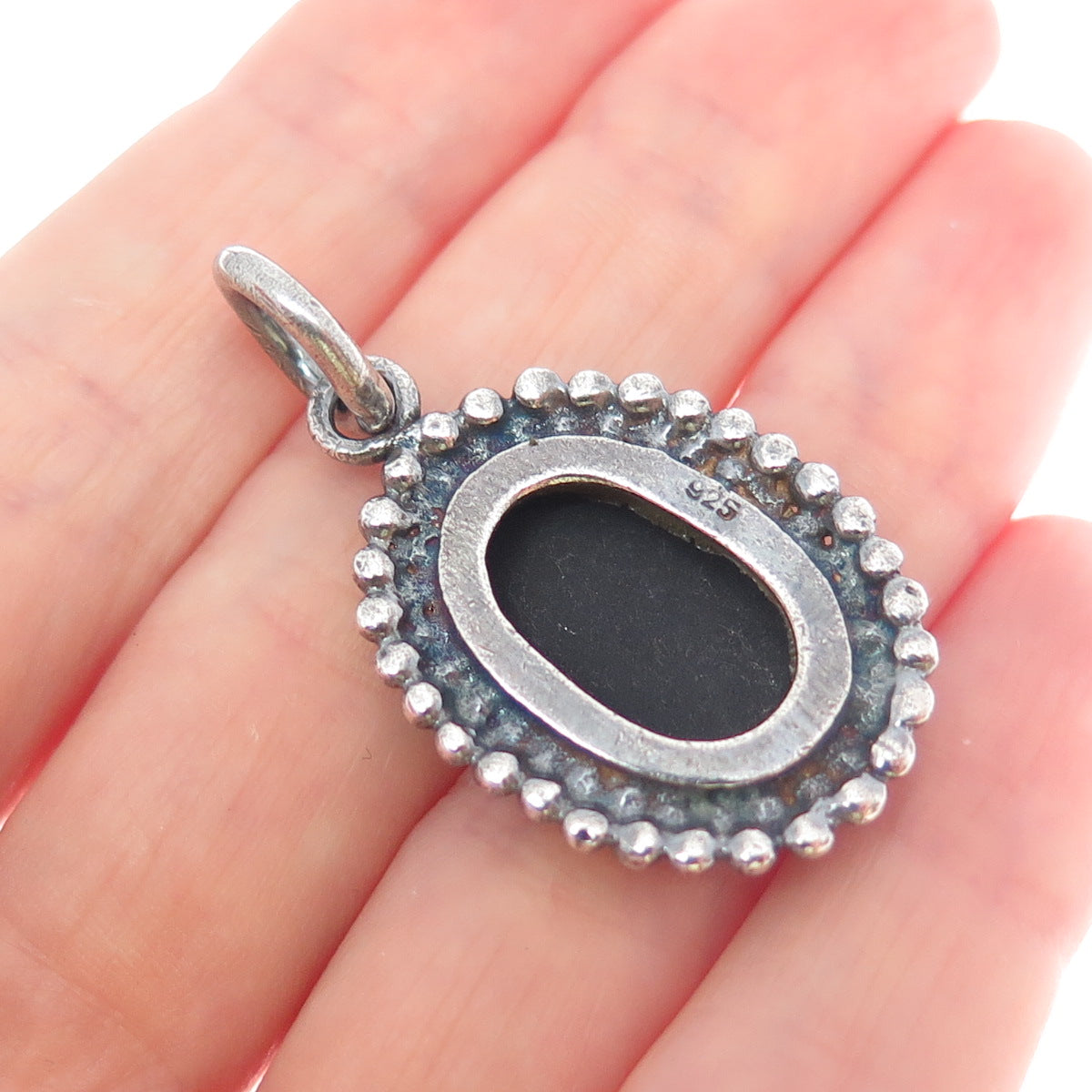 925 Sterling Silver Vintage Real Black Onyx Beaded Oxidized Charm Pendant