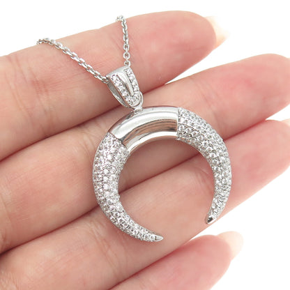 925 Sterling Silver Italy Pave C Z Lunula Pendant Cable Chain Necklace 16"