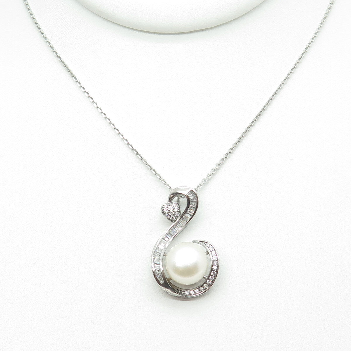925 Sterling Silver Real Pearl & Round-Cut C Z Heart Cable Chain Necklace 16"