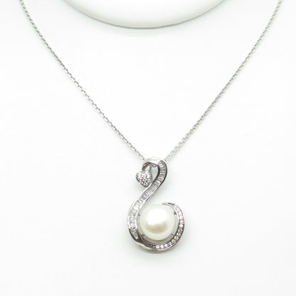 925 Sterling Silver Real Pearl & Round-Cut C Z Heart Cable Chain Necklace 16"