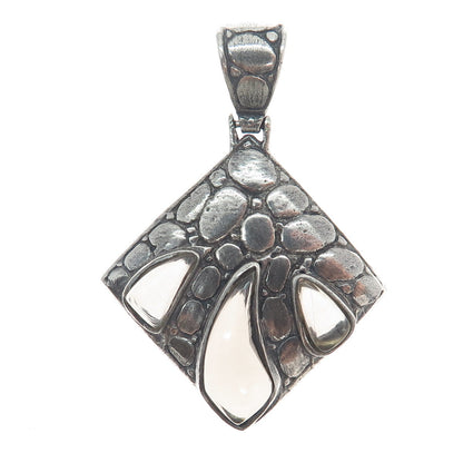925 Sterling Silver Vintage Real Smoky Quartz Pebble Modernist Oxidized Pendant
