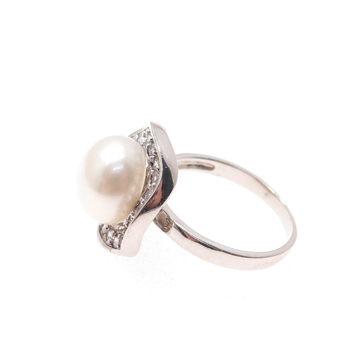 925 Sterling Silver Real Pearl & Round-Cut C Z Modernist Ring Size 7.25