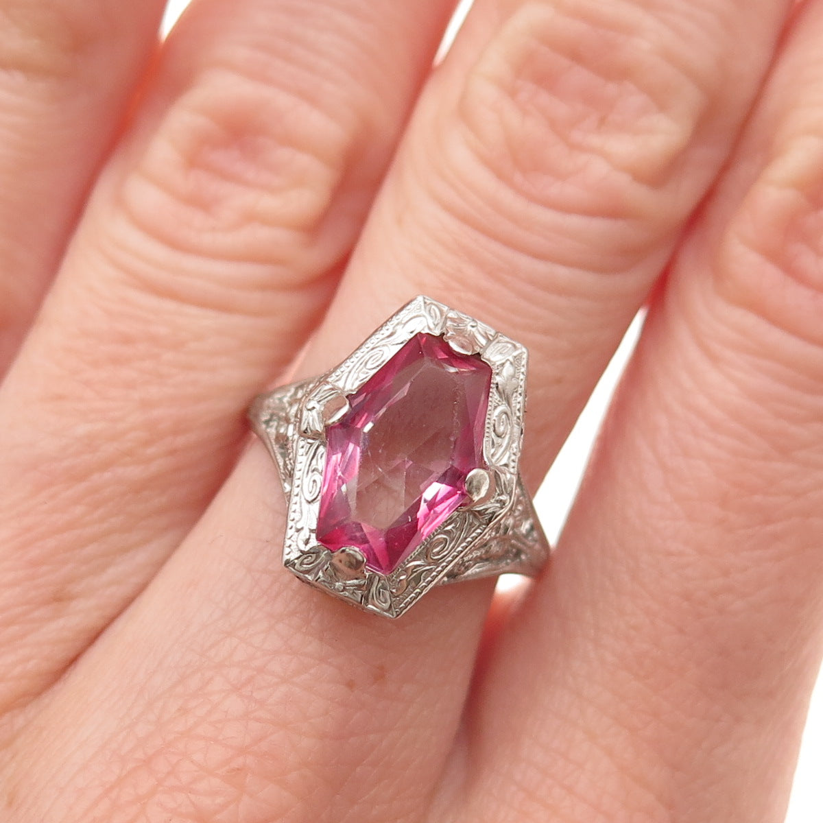925 Sterling Silver Antique Art Deco Pink Rhinestone Ring Size 7.25