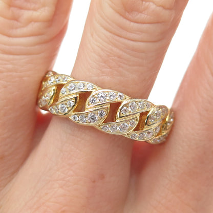 925 Sterling Silver Gold Plated Round-Cut C Z Curb Link Band Ring Size 13