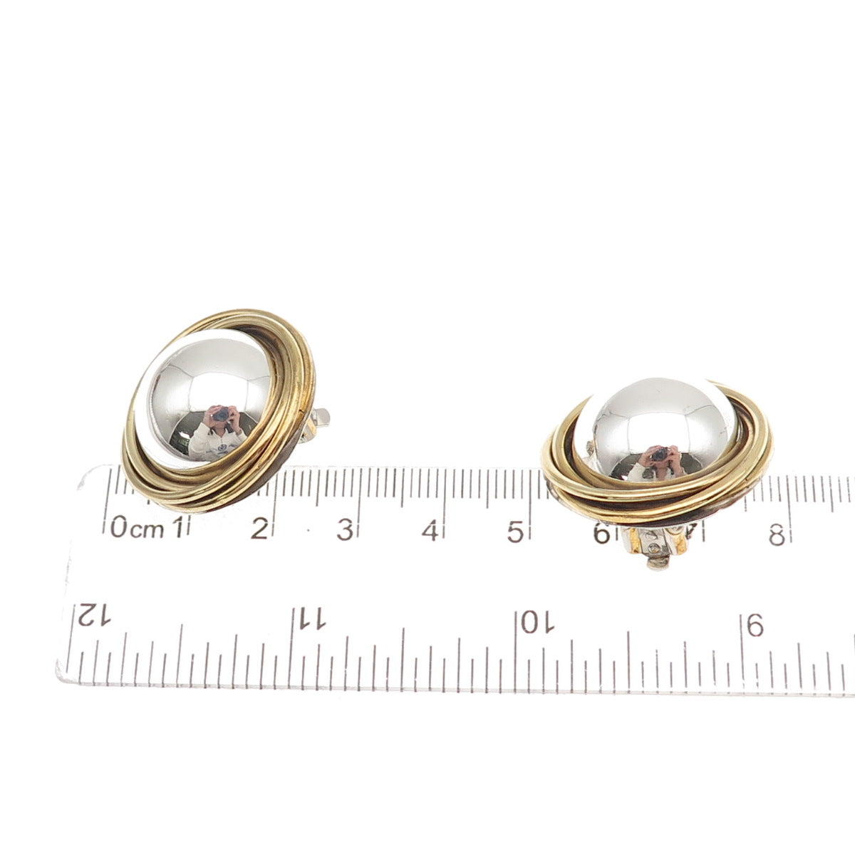 925 Sterling 2-Tone Vintage Mexico Modernist Trinity Dome Clip On Earrings