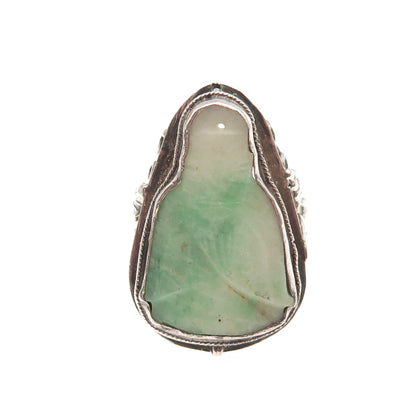 925 Sterling Silver Antique China Real Jade Carved Buddha Ring Size 8.25