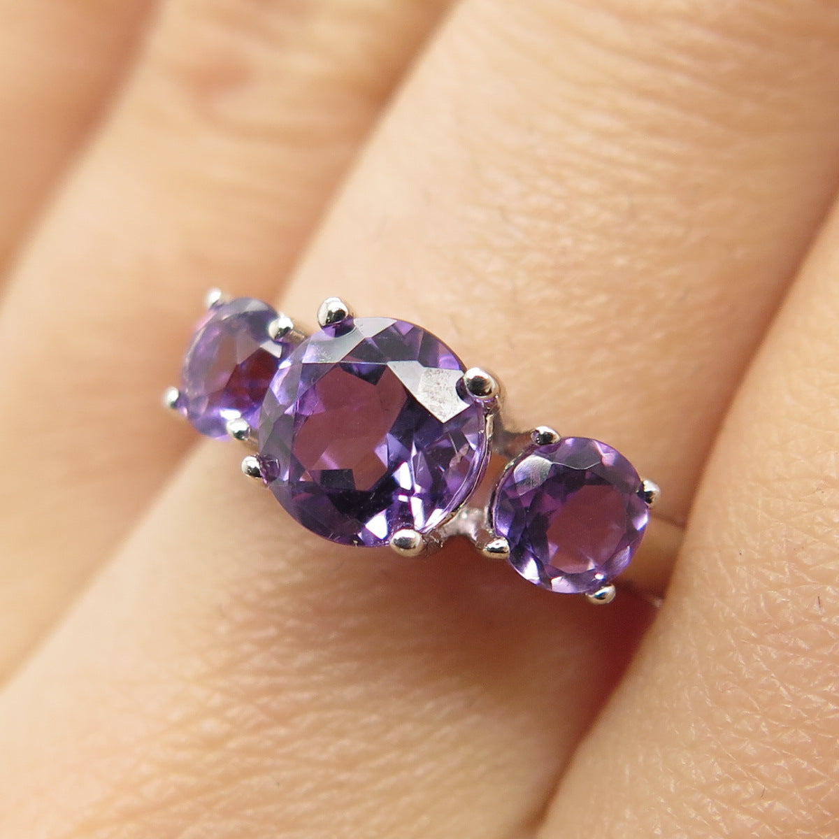 925 Sterling Silver Real Round-Cut Amethyst Ring Size 5.5