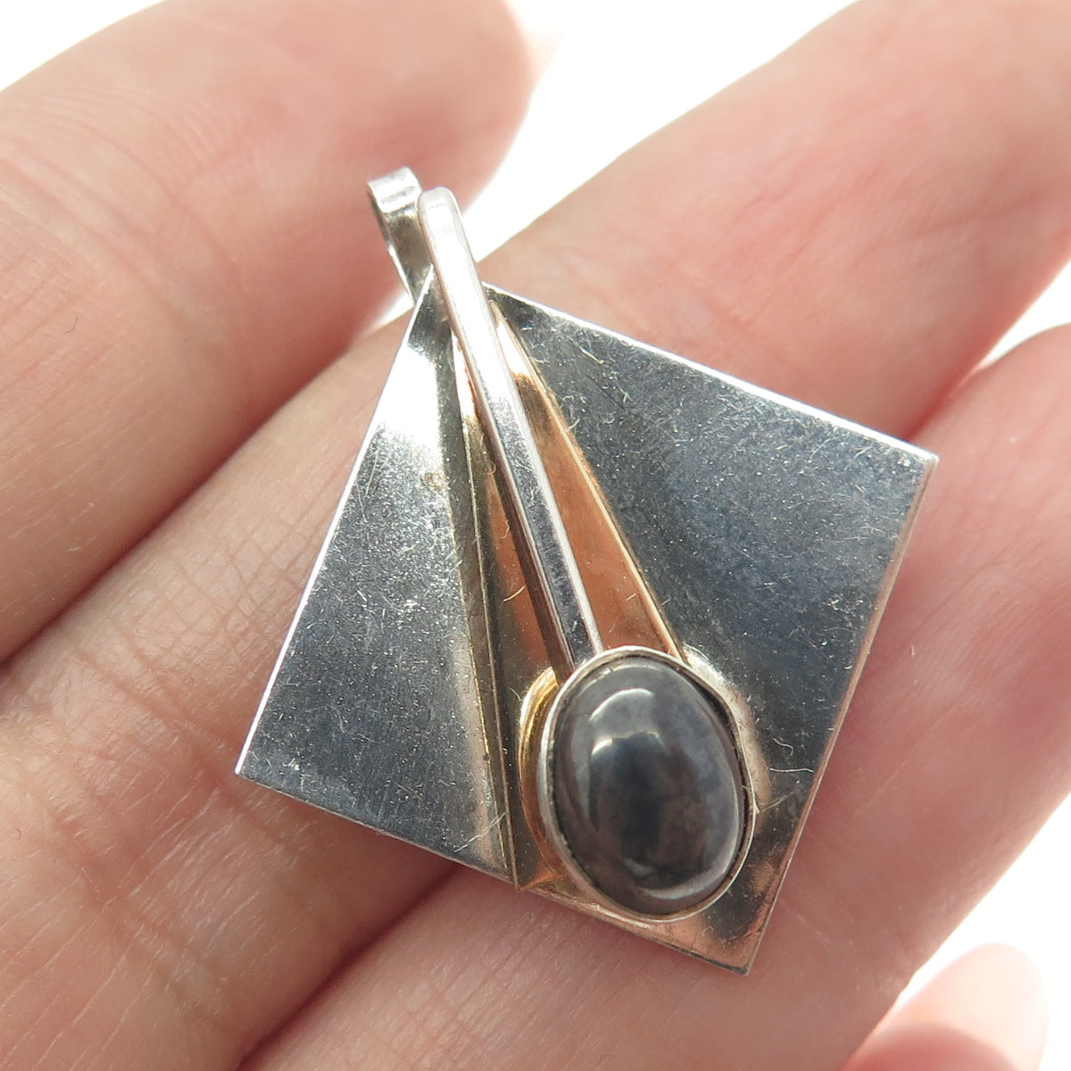 925 Sterling Silver 2-Tone Vintage Real Hematite Gemstone Modernist Pendant