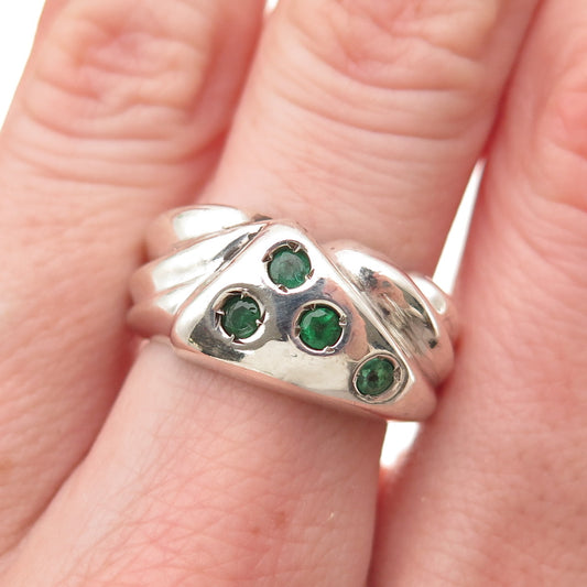 925 Sterling Silver Vintage Real Round-Cut Emerald Modernist Ring Size 6.75