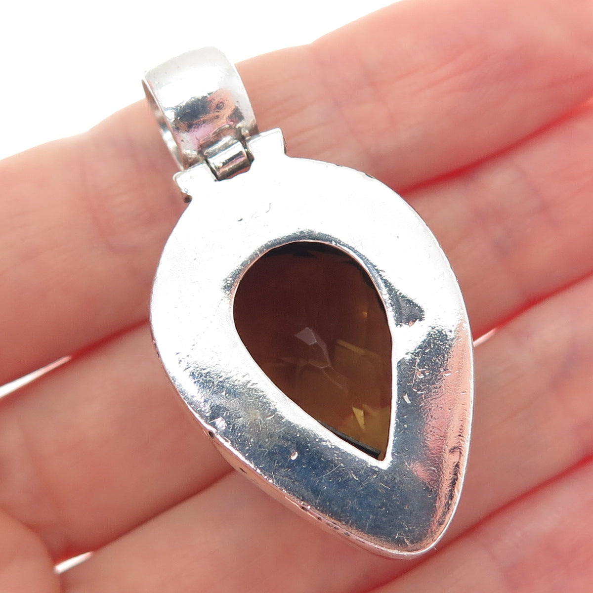 925 Sterling Silver Vintage Real Pear-Cut Smoky Quartz Teardrop Pendant