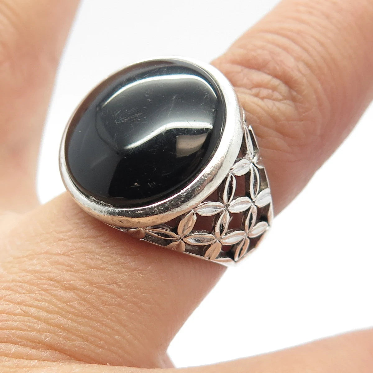 925 Sterling Silver Vintage Real Black Onyx Gem Round Ring Size 7.25