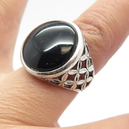 925 Sterling Silver Vintage Real Black Onyx Gem Round Ring Size 7.25