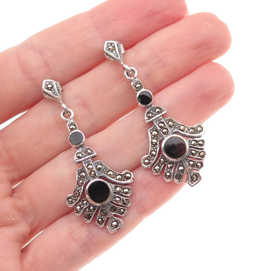 925 Sterling Silver Vintage Real Black Onyx & Marcasite Oxidized Dangle Earrings