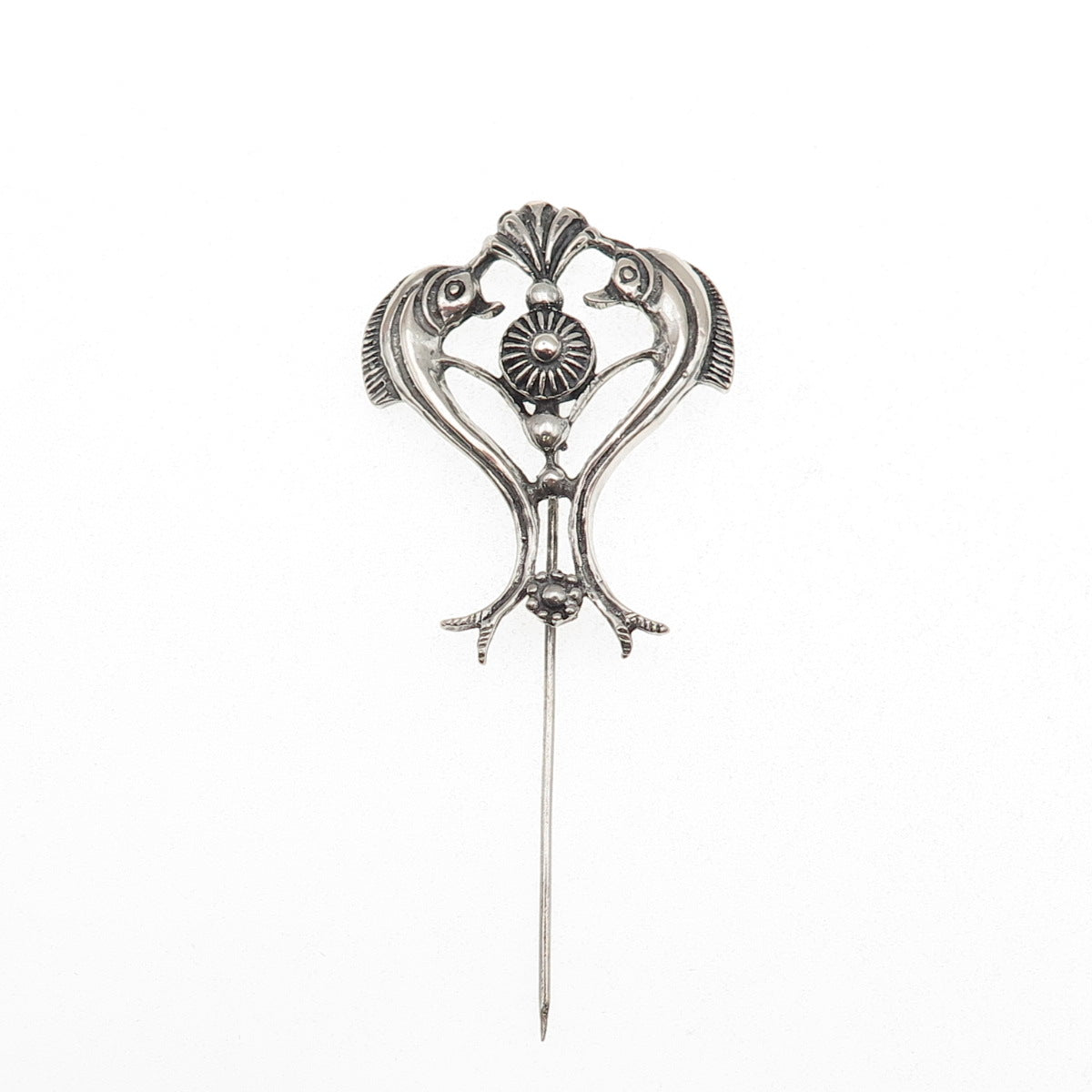 925 Sterling Silver Vintage Dolphin Heart Oxidized Lapel Pin