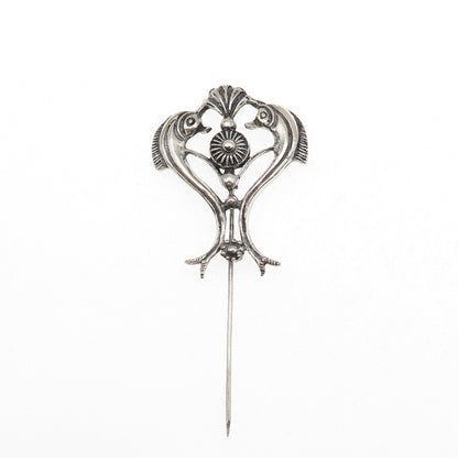 925 Sterling Silver Vintage Dolphin Heart Oxidized Lapel Pin