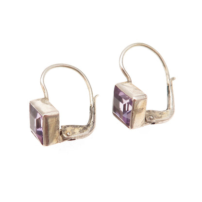 925 Sterling Silver Vintage Real Princess-Cut Amethyst Earrings