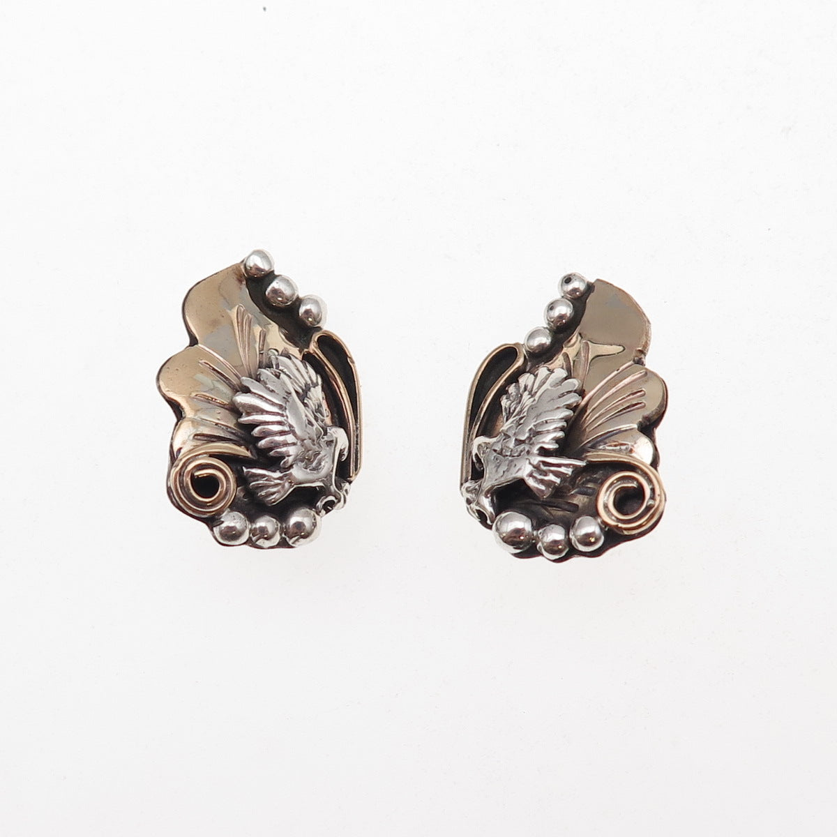 Harry B Yazzie Navajo Old Pawn Sterling 2-Tone Vintage Eagle Clip On Earrings